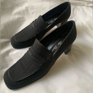 Vintage Stuart Weitzman Black Loafer Heels 10B Square Toe Chunky 90s